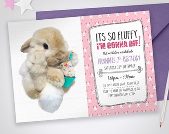Bunny printable invitation - It's so fluffy I'm gonna die! Edit & print as many copies as you like / Cute Girls Pink Bunny Invite / Rabbit