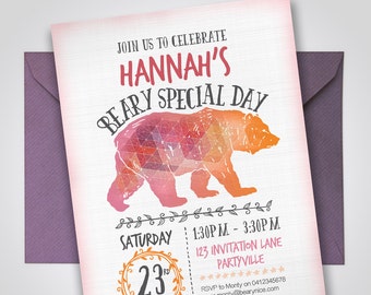 Bear Invitation - Printable - Edit and print as many copies as you like / Hipster Bear / Pink & Orange Bear / Kids Party Invite / Woodland