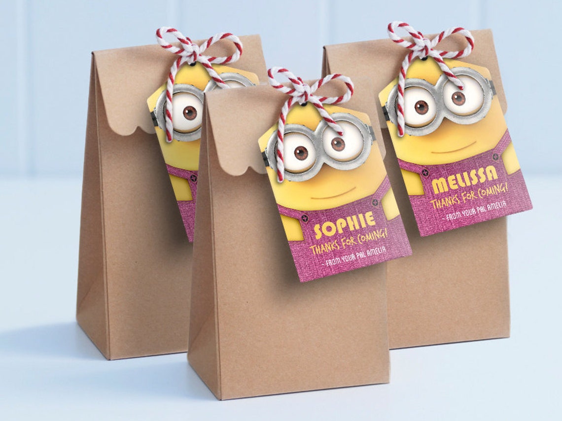 Minion Pink Printable Lollie Bag Tags Edit & Print as Many Copies as