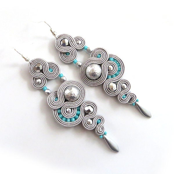 Silver grey earrings soutache mint earrings long earrings long chandeliers earrings silver color earrings