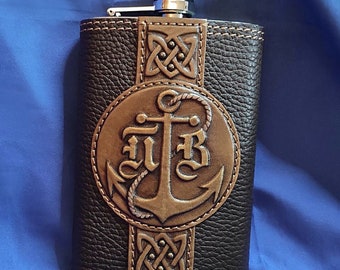 Anchor personalized flask for men Engraved mens leather hip flask Custom flask for men Personalized gifts Leather accessories for men