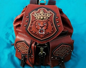 Lion leather backpack men Leather backpack purse women Celtic leather bag Leo gifts for him Zodiac gifts for her Leather accessories for men