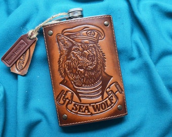 Wolf engraved leather hip flask for men Barware for men Best gifts for him Liquor flask for women Handmade mens gift