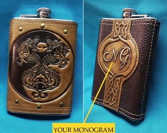 Dragon personalized flask for men Custom flask for men Engraved leather hip flask Personalized gifts for men Leather accessories for men