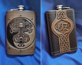 Dragon personalized flask for men Custom flask for men Engraved leather hip flask Personalized gifts for men Leather accessories for men