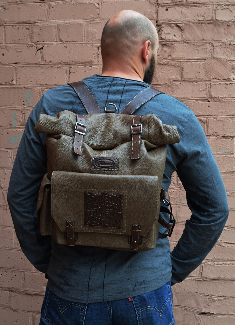 Custom Leather Men Laptop roll top Shoulder Satchel backpack Rucksack Travel