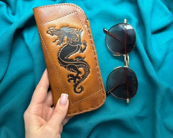 Dragon leather eyeglass case soft Leather slim glasses case Eyeglasses case Sunglasses case Leather accessories for men Handmade mens gift