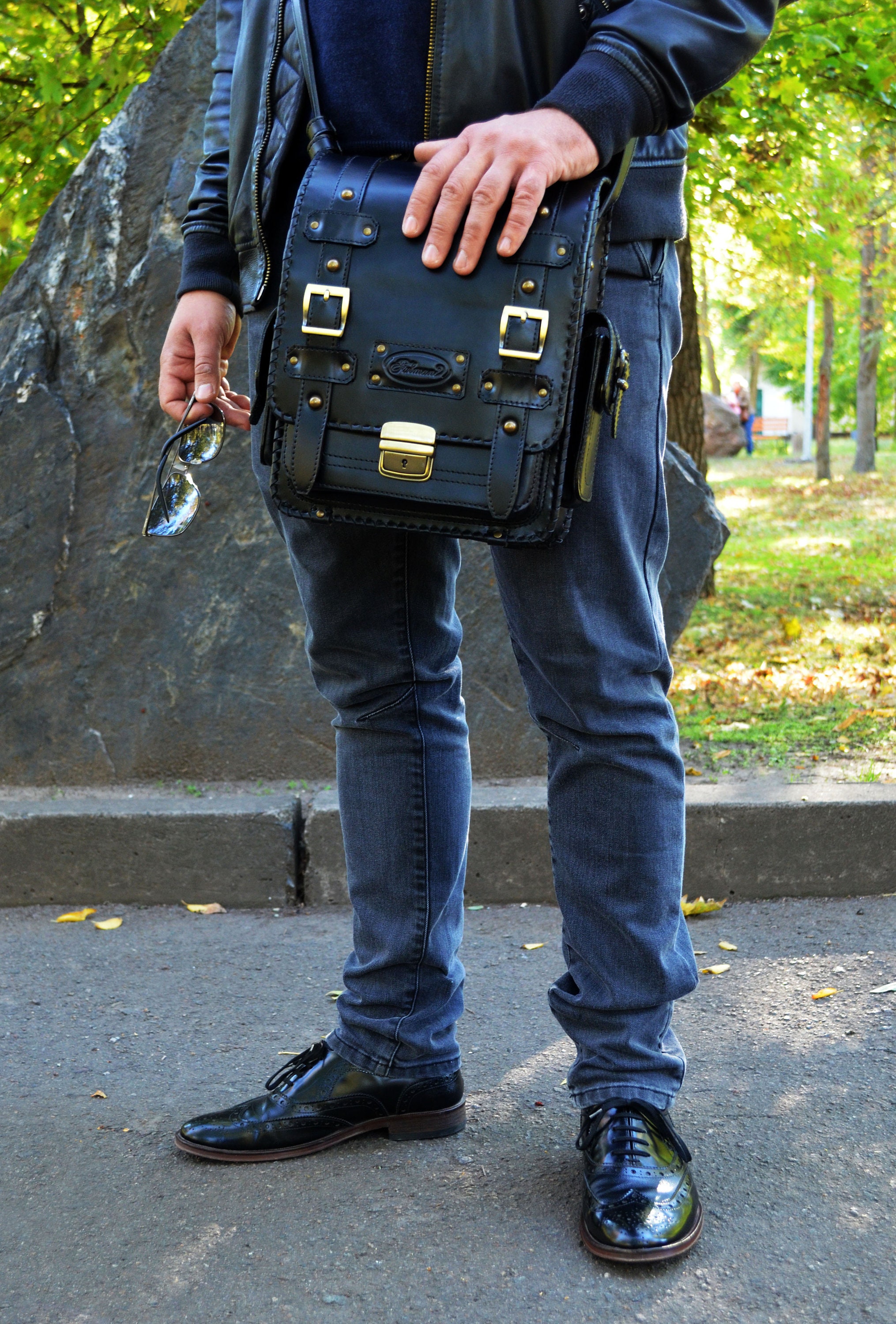 Black leather crossbody bag men Cross body bag for men Men Etsy