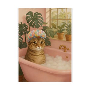 Póster enrollado de baño de gato caprichoso, arte de gato, póster de baño de gato, decoración del hogar, arte de pared lindo, regalo para amantes de los animales, decoración divertida para dueños de mascotas.
