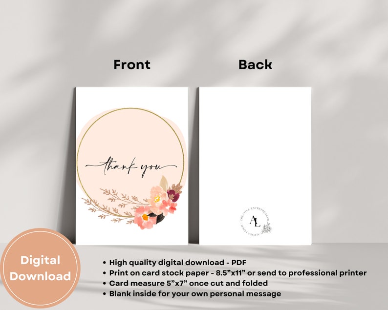 Printable 5x7 Thank You Card | Modern Neutral Floral Design | Instant ...