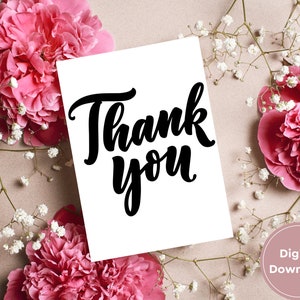 Cartões de agradecimentos 5x7 imprimíveis | Design de roteiro preto simples | Download Digital Instantâneo | Em branco dentro | Modelo de envelope grátis incluído