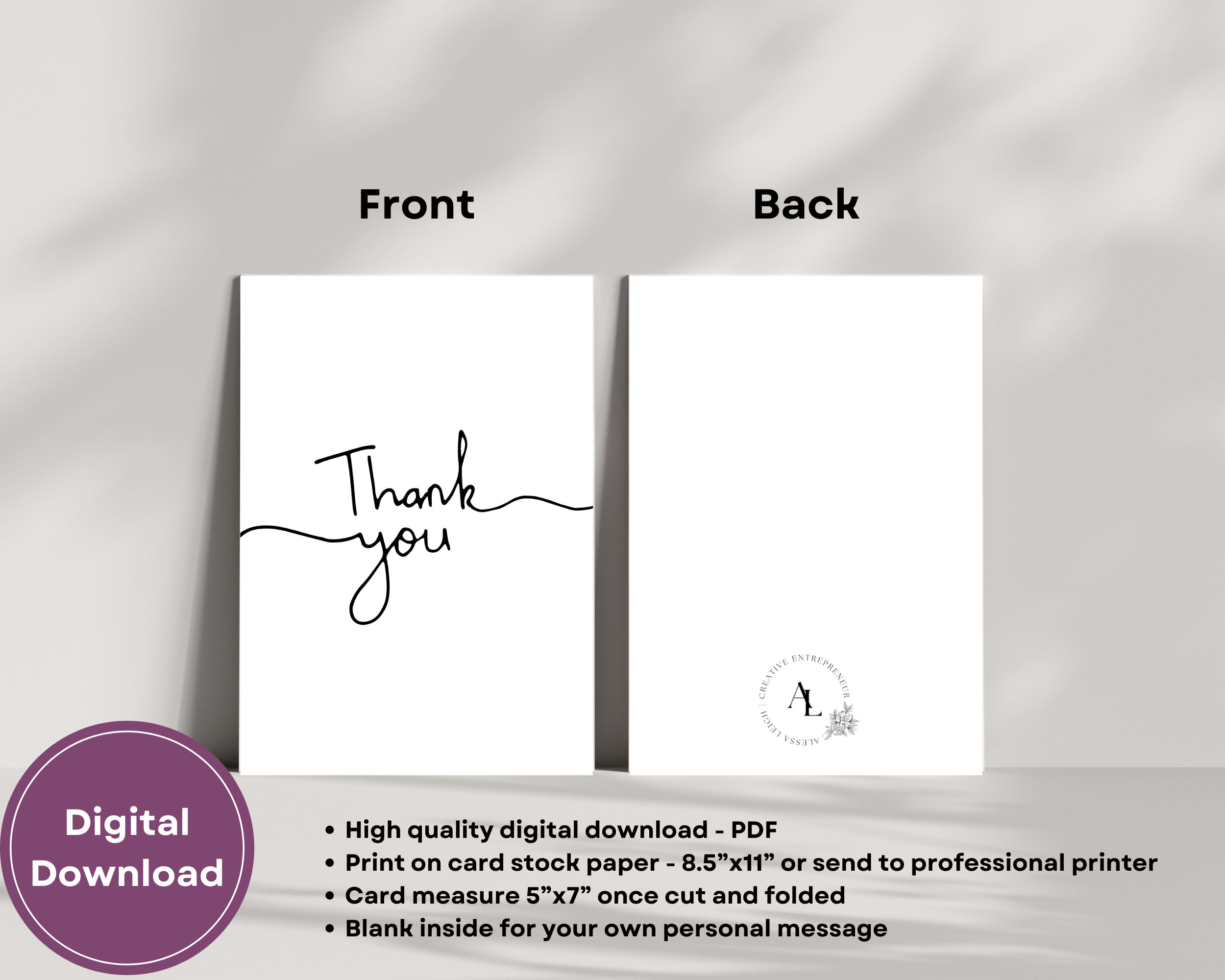 Printable 5x7 Thank You Card | Minimalist Script Design | Instant ...