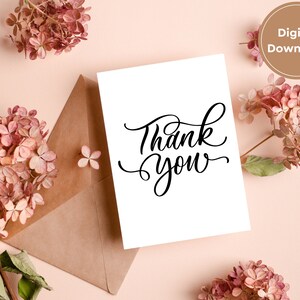 Afdrukbare 5x7 bedankkaart | Elegant script minimalistisch ontwerp | Direct digitaal downloaden | Blanco binnenkant | Gratis envelopsjabloon inbegrepen