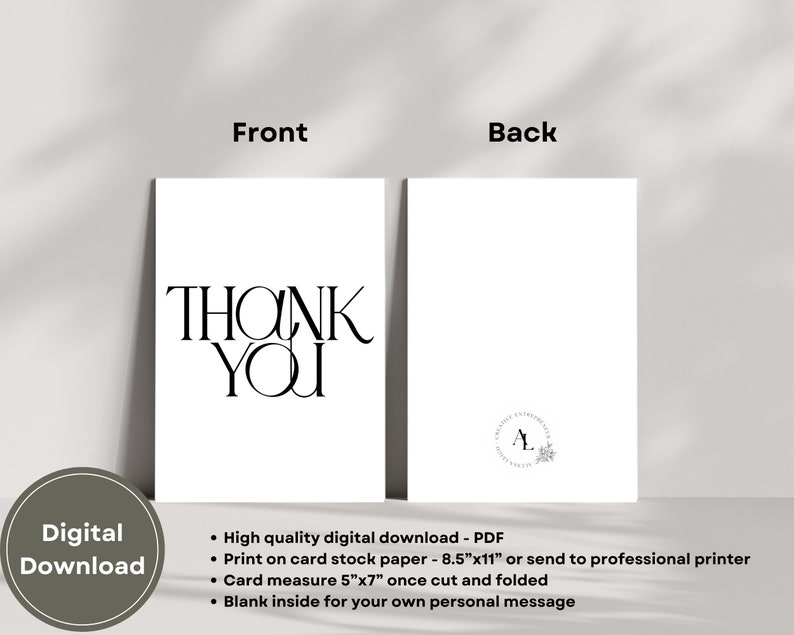 Printable 5x7 Thank You Card | Modern Minimalist Design | Instant ...