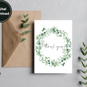 Afdrukbare 5x7 bedankkaart | Eucalyptus krans ontwerp | Direct digitaal downloaden | Blanco binnenkant | Gratis envelopsjabloon inbegrepen
