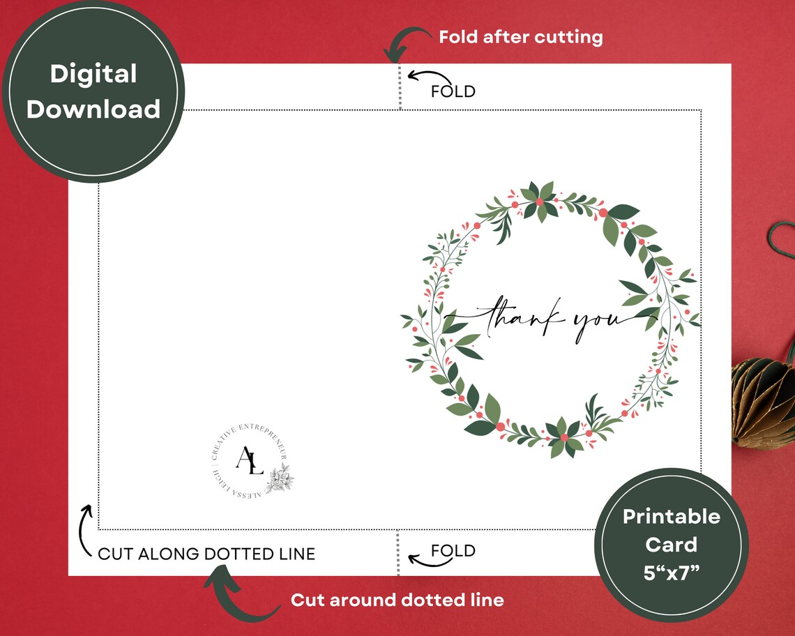 Printable 5x7 Thank You Card | Scandinavian Wreath Design | Instant ...