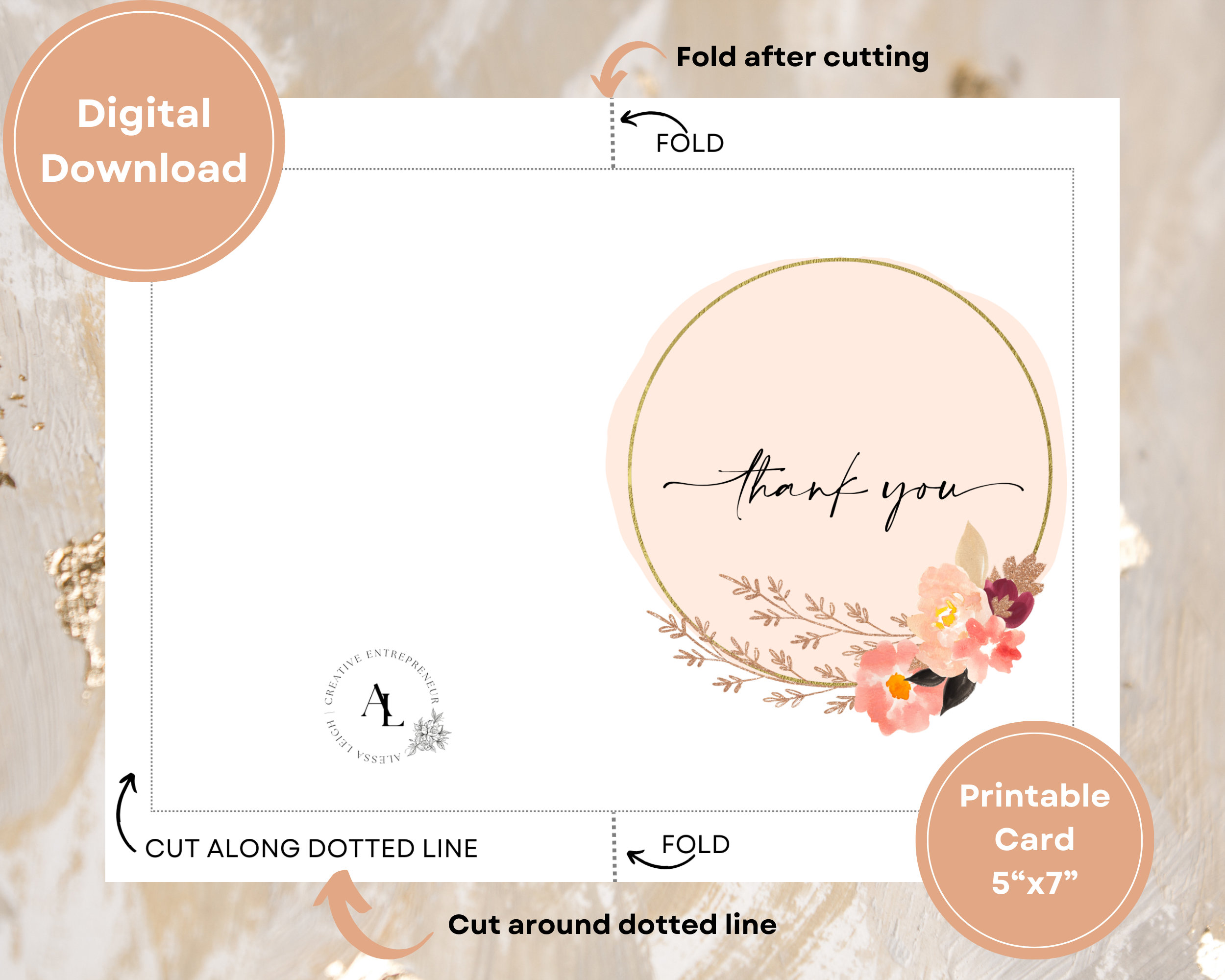 Printable 5x7 Thank You Card | Modern Neutral Floral Design | Instant ...