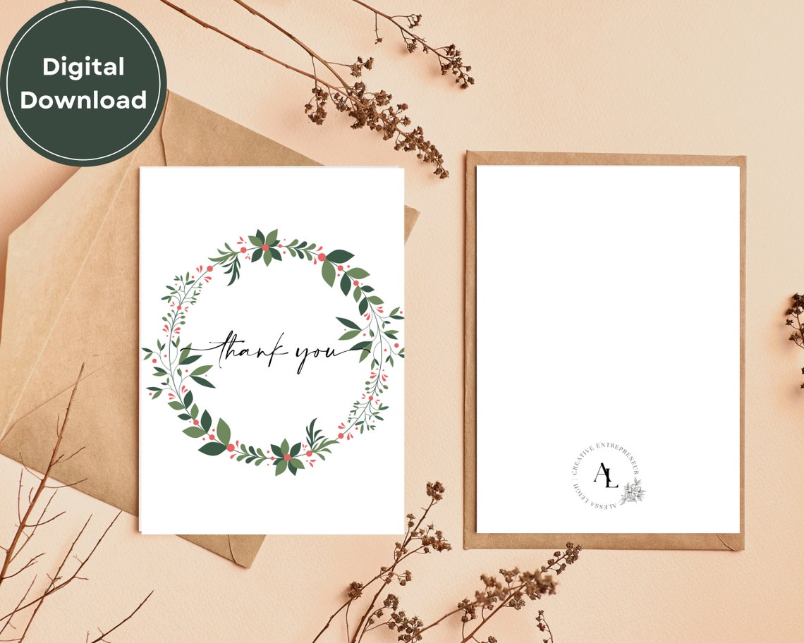 Printable 5x7 Thank You Card | Scandinavian Wreath Design | Instant ...