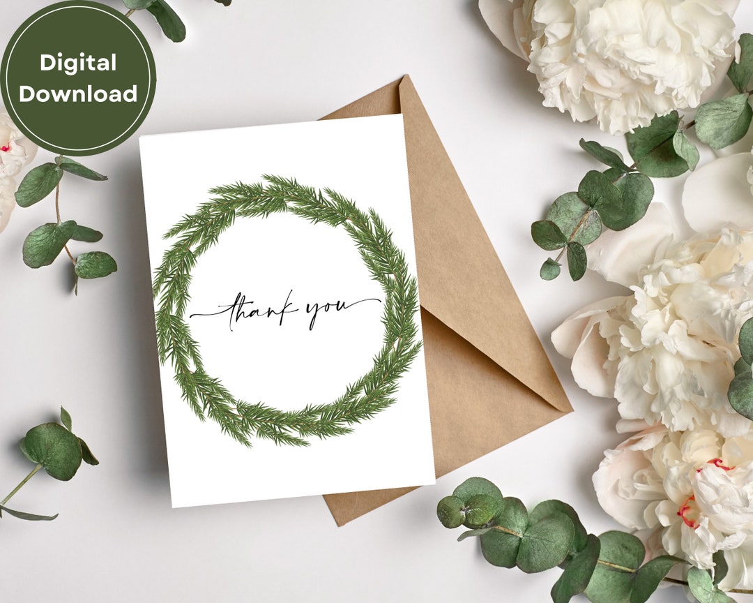Printable 5x7 Thank You Card | Minimalist Pine Wreath Design | Instant ...