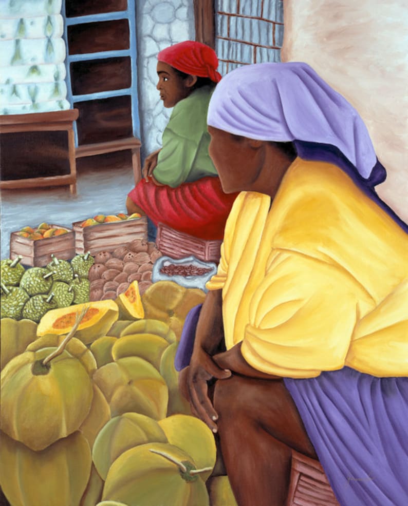 Caribbean Art Print Market Scene Tropical Fruit Sweet Mango Portrait Painting Drawing Market