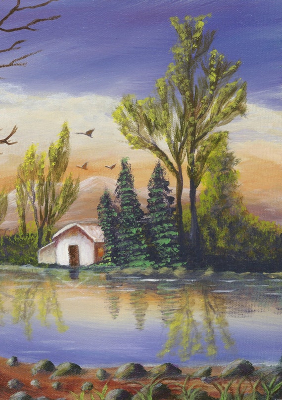 fine art cottage wall decor titled 'Valley Splendor' watercolor landscape Vintage nature painting print