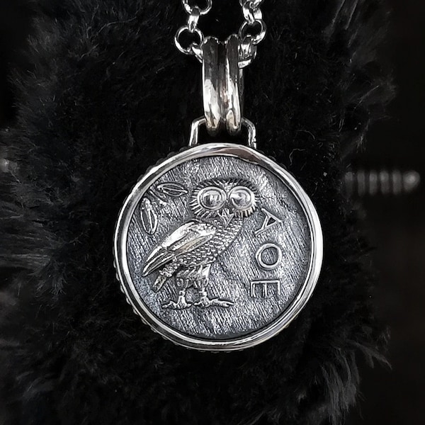 Collier avec pièce de monnaie grecque antique, pendentif hibou Athéna avec chaîne à maillons en argent sterling, symbole hibou sage d'Athènes, cadeau significatif