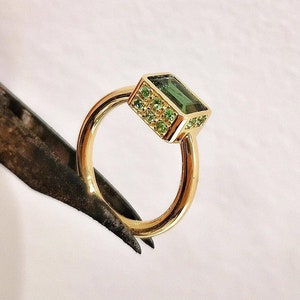 18K Solid Gold Multi-Gemstone Ring, Emerald Cut Green Tourmaline And Tsavorites, Handmade Greek Cocktail Ring, luxury Statement Jewelry