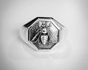 Bee Signet Ring: Handmade Sterling Silver Octagon Honey Bee Ring