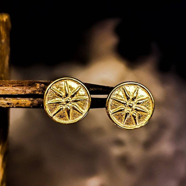 Ancient Greek Vergina Sun Stud Earrings, A Solid 14k Gold Vergina Star Greek Power Symbol, Woman's Minimal Sun Earrings For Sensitive Ears