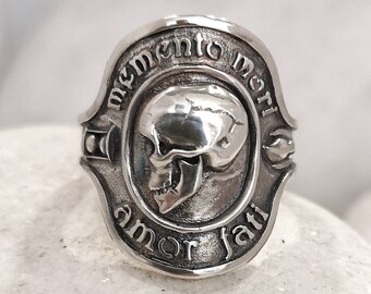 Memento Mori Ring, Silver Mens Skull Ring Amor Fati ring, Big Oval Signet ring, Gothic Jewelry, Rock ring, Stoic jewelry