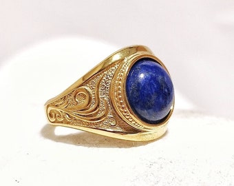 Lapis Lazuli ring, 14K massief gouden ring met gesneden boomdetails, blauwe edelsteen Signet ring, Griekse sieraden, Etruskische ring, Byzantijnse ring