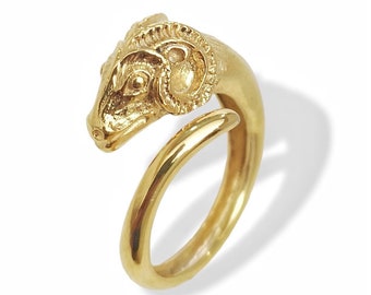 18K Solid Gold Ram Ring, Handmade Goat Head Design Inspired by Ancient Greek Jewelry, Aries Zodiac Statement Woman's Ring