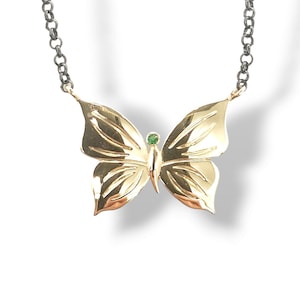 Butterfly Gold Necklace With Natural Green Tsavorite, 14K Solid Yellow Gold, Unique Silver Black Chain, Romantic Pendant For Her
