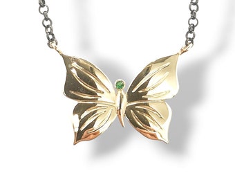 14K Gold Butterfly Bow Necklace, Yellow Butterfly Pendant With A Green Tsavorite And unique Black Chain