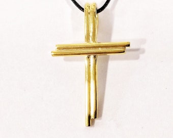 Solid Gold Minimal Cross Necklace, 14K Yellow Gold, Modern Double Wire Handmade Cross for boy or girl