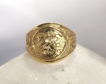 Solid Gold Owl Signet Ring, Ancient Greek Athena Coin-Inspired Jewelry