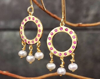 14K Solid Gold Natural Sapphire And Pearl Drop Earrings, Handmade Elegance With Stylish Statement Hooks