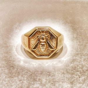 18k Gold Bee Signet Ring, Honeybee Handmade Ring For Men, Greek Inspired Octagon Chevalier, Symbolic Solid Gold Gift.