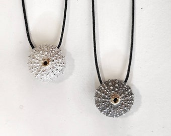 Handmade Sterling Silver Sea Urchin Necklace, 18K Gold Bezel, Unique Charm, Beach Jewelry.