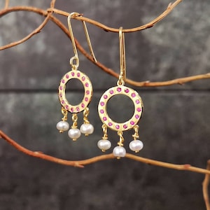 14K Gold Pink Sapphire Pearl Drop Earrings, Handmade Gemstone Dangle Earrings, Fine Jewelry, Gift For Her, Bridal Or Everyday Glam.