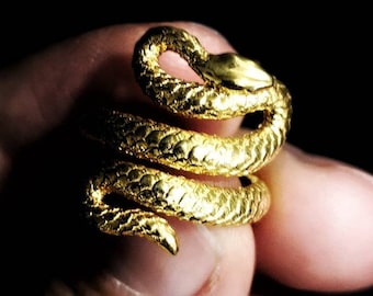 Wide 18K Solid Gold Snake Ring, Artisan Serpent Design, Statement Greek Jewelry