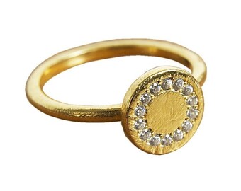 Unique Handmade 18k Gold Ring, 18 Sparkling Diamonds in A Round Hand Carved Setting, Promise Ring, Engagement Ring For Her,