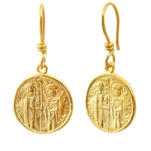 18k Gold Coin Earrings, Byzantine Replica Coin, Handmade Dangle Earrings, Solid Gold Hooks, Ancient Greek Coin Jewelry
