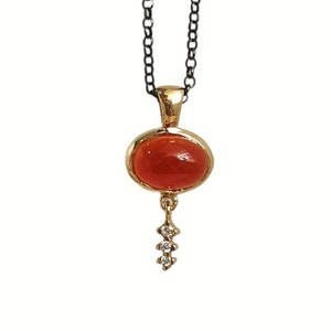 14K Gold Carnelian Diamond Pendant Necklace: Artisan Layered Jewelry
