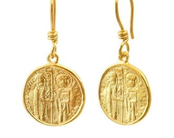 18k Gold Byzantine Coin Earrings, Ancient Greek Design Dangle, Museum Quality Hooks