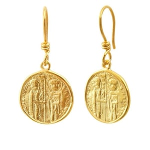 18k Solid Gold Coin Earrings, Byzantine Dangle Earrings, Ancient Greek Replica Jewelry With Hook Closure, Coin Jewelry