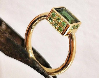 18K Solid Gold Multi-Gemstone Ring, Emerald Cut Green Tourmaline And Tsavorites, Handmade luxury Woman Ring, Greek jewelry