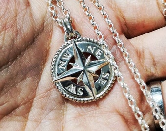 North Star Compass Necklace: Handmade Men's Sterling Silver Pendant, Nautical Jewelry,