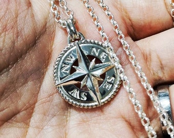 Silver Compass Necklace, North Star Pendant On Sterling Silver Chain, Ideal Gift For Men, Nautical Inspired Jewelry