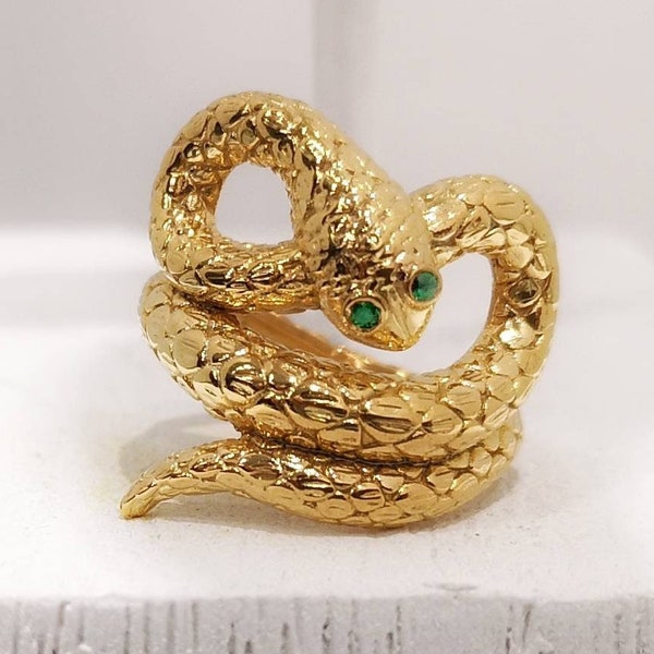 Anello serpente occhio smeraldo, anello serpente in oro massiccio 18k, anello serpente grande fatto a mano, design ispirato ai gioielli dell'antica Grecia, anello smeraldo